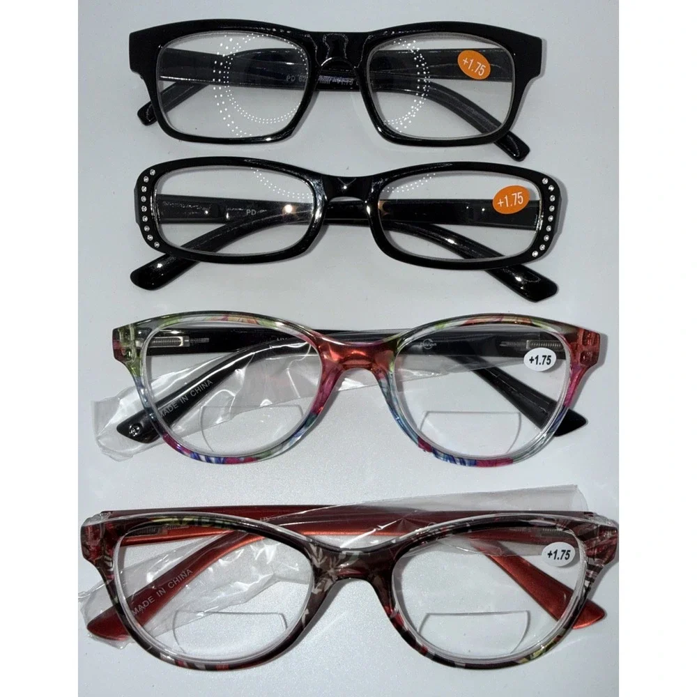4 NWT Pairs Reading Glasses +1.75 Readers Black Frames & Multi Colored-Fast Ship